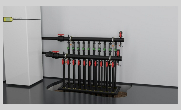 chamber manifold in the boiler room with heat pump